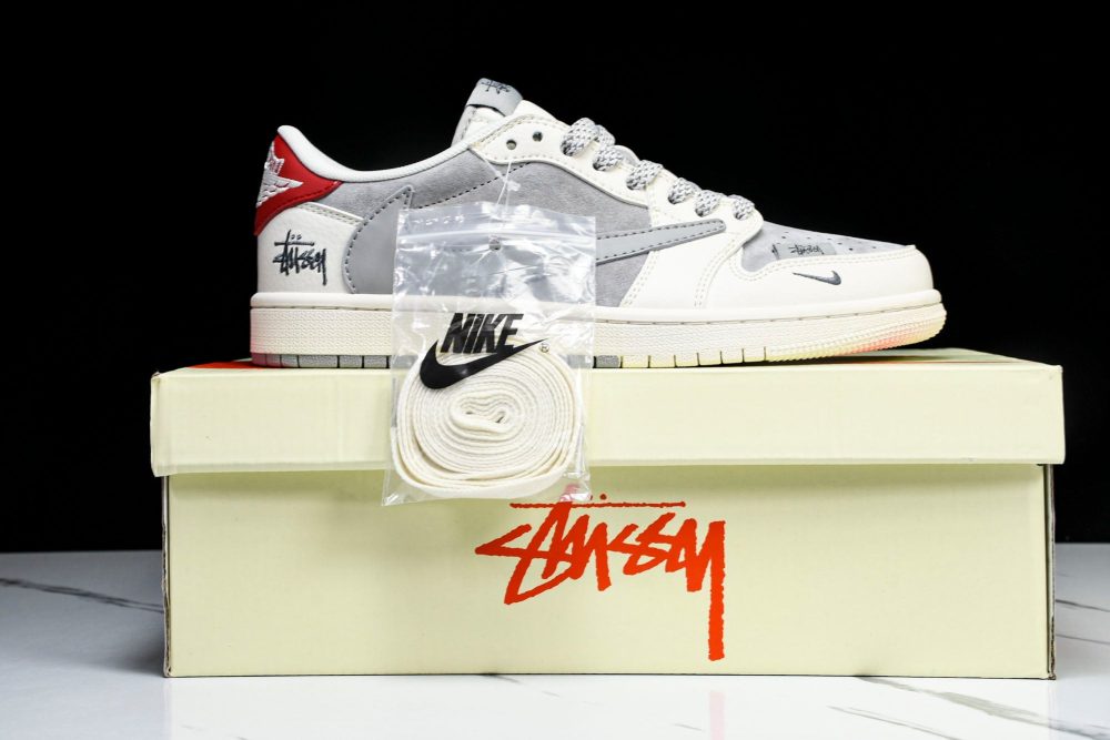 Travis Scott AJ1 Low x Stussy 'Grey White Red' (Custom) - Image 26