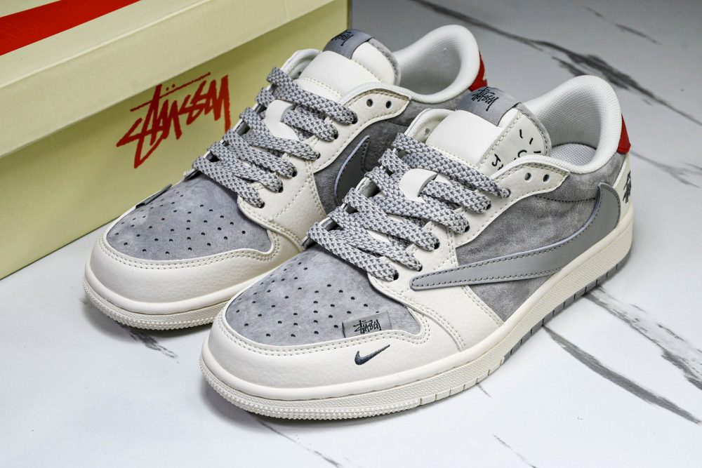 Travis Scott AJ1 Low x Stussy 'Grey White Red' (Custom) - Image 21