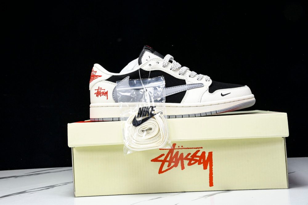 Travis Scott AJ1 Low x Stussy 'White Black Grey Red' (Custom) - Image 26
