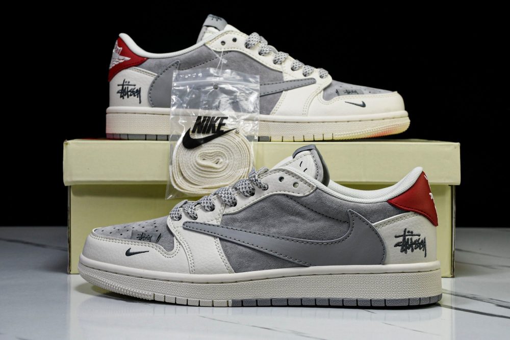 Travis Scott AJ1 Low x Stussy 'Grey White Red' (Custom) - Image 25