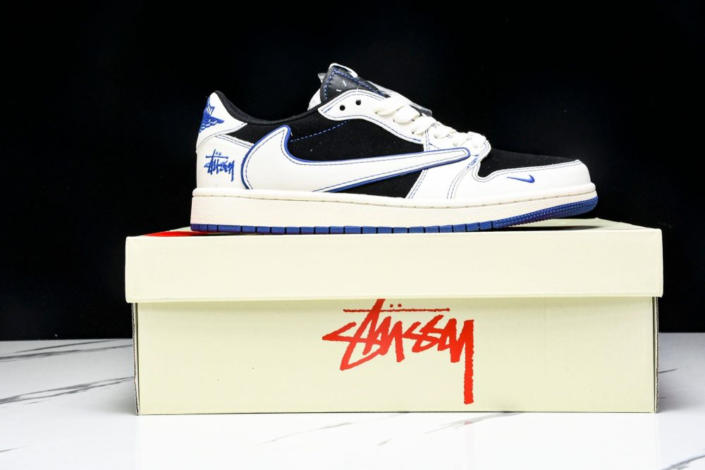 Travis Scott AJ1 Low x Stussy 'Black White Blue' (Custom) - Image 24