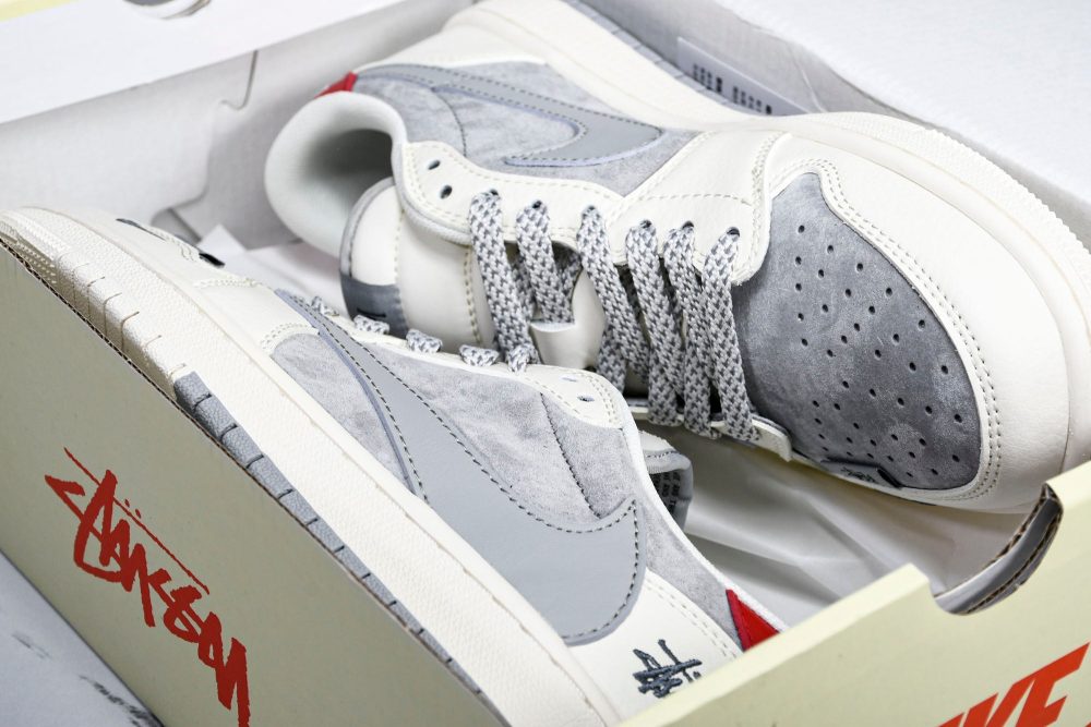 Travis Scott AJ1 Low x Stussy 'Grey White Red' (Custom) - Image 23
